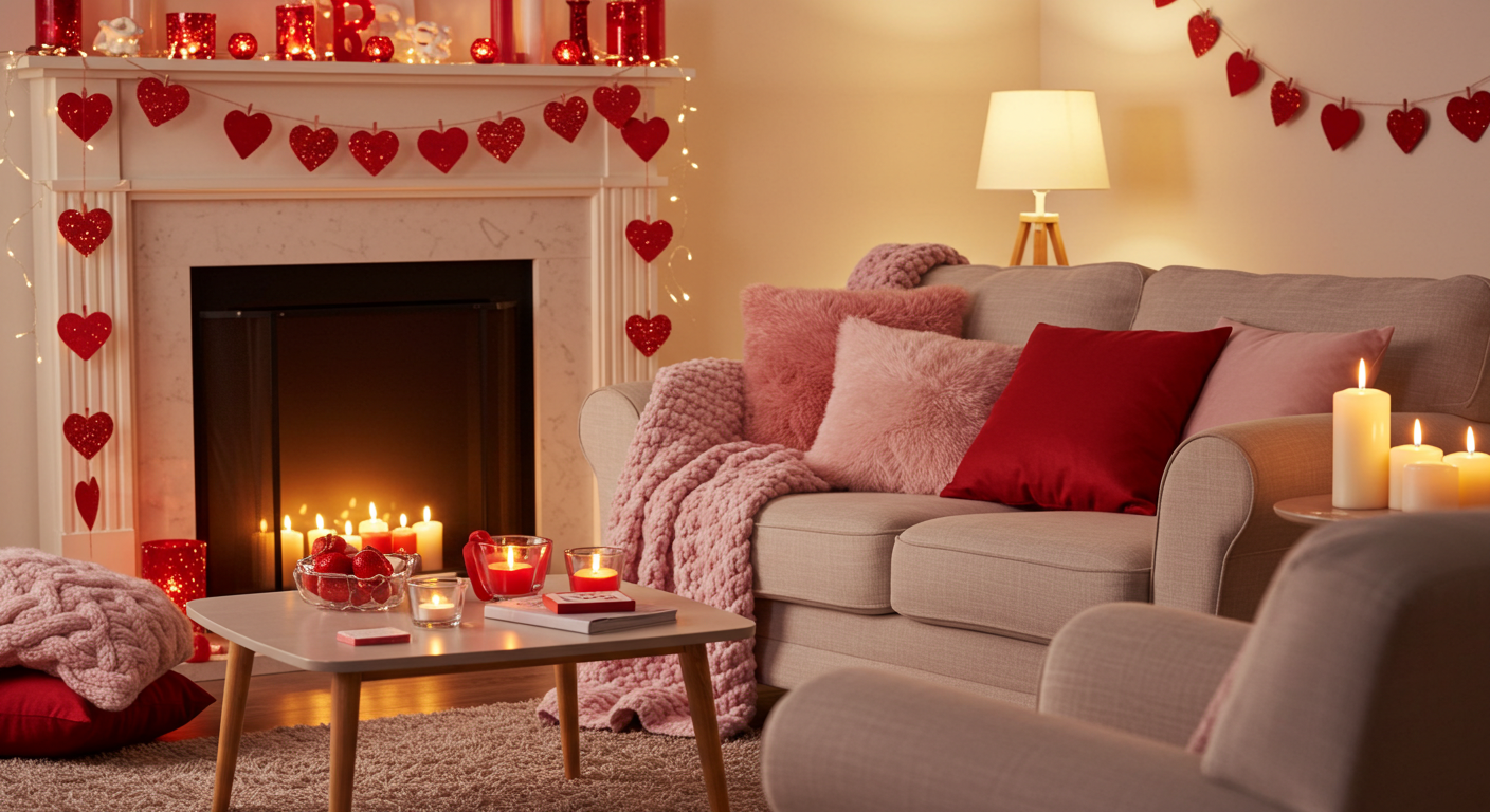 Cozy Valentine Living Room with Heart Garlands and Fluffy Pillows