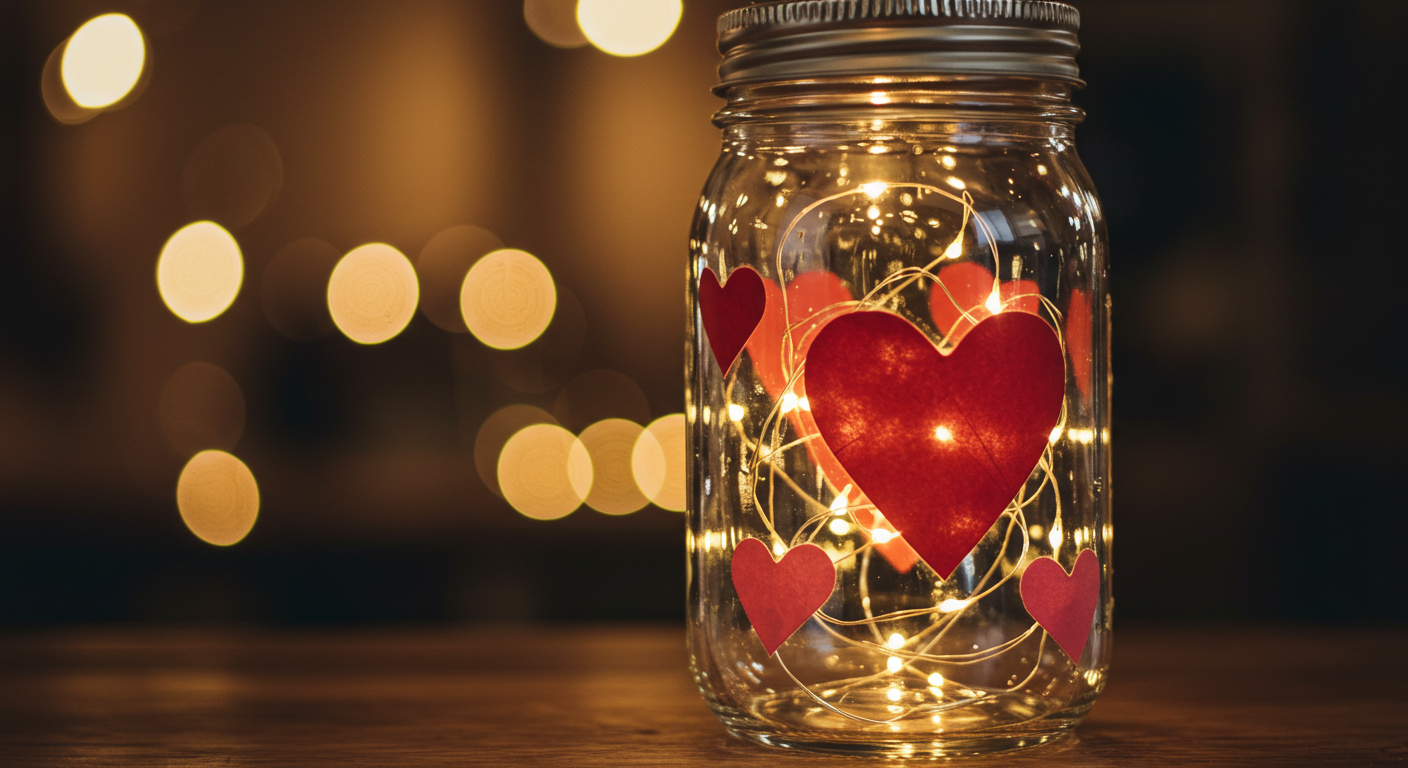 DIY Valentine Mason Jars with Heart Cut-Outs and Fairy Lights Inside