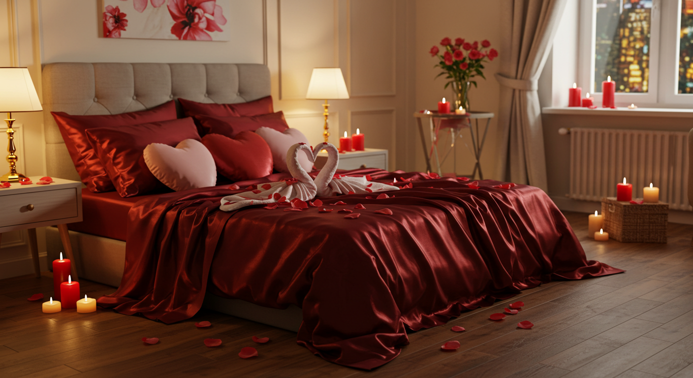 Romantic Valentine Bedroom Setup with Silk Sheets and Heart-Shaped Pillows