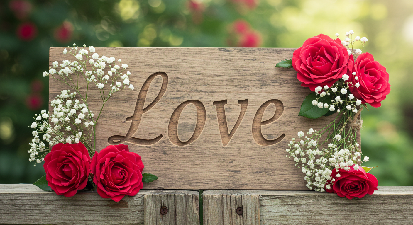 Rustic Wooden Valentine Sign That Reads "Love" Surrounded by Flowers