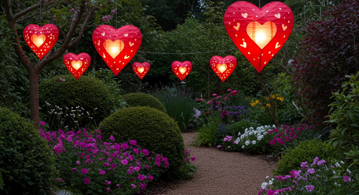 Valentine Heart-Shaped Hanging Lanterns Over a Garden Setting