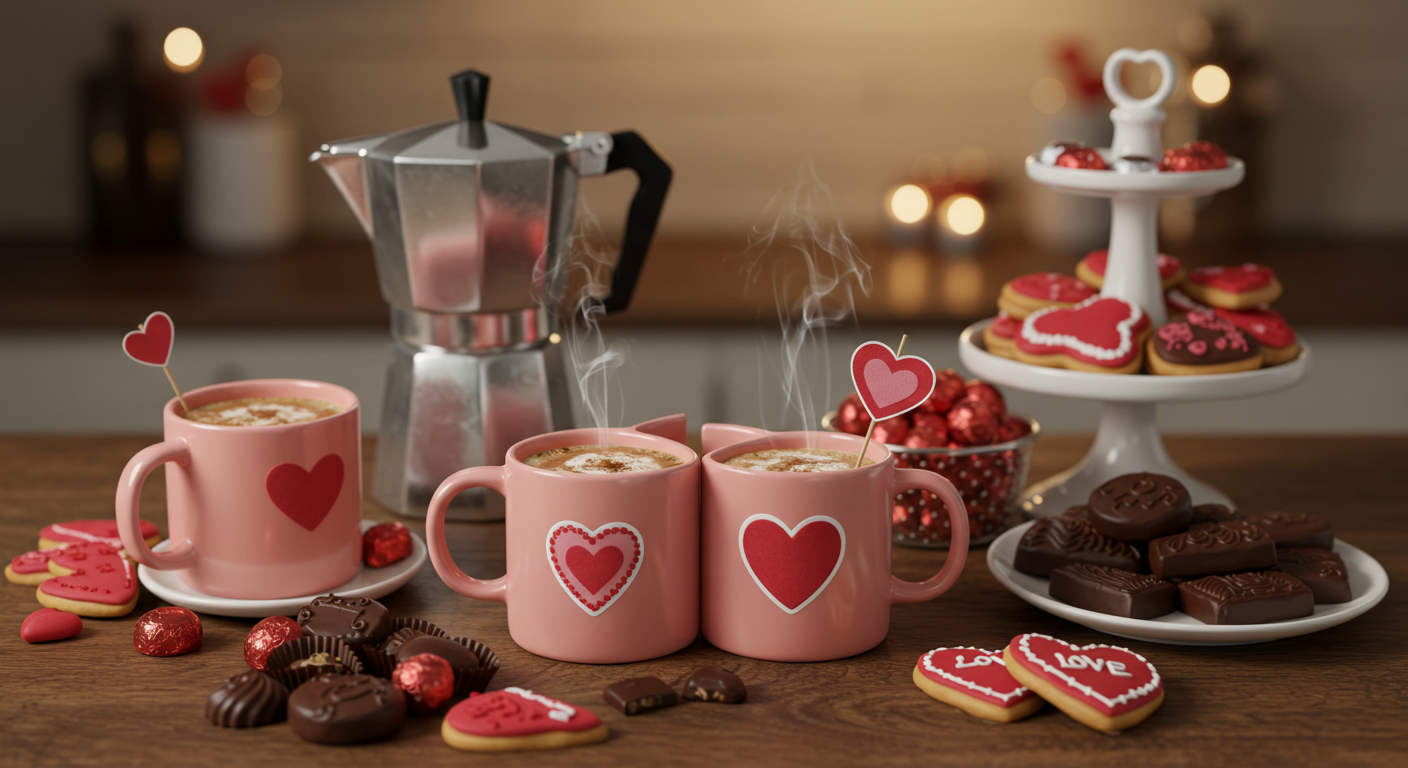 Love-Themed Valentine Coffee Station with Heart Mugs and Chocolates