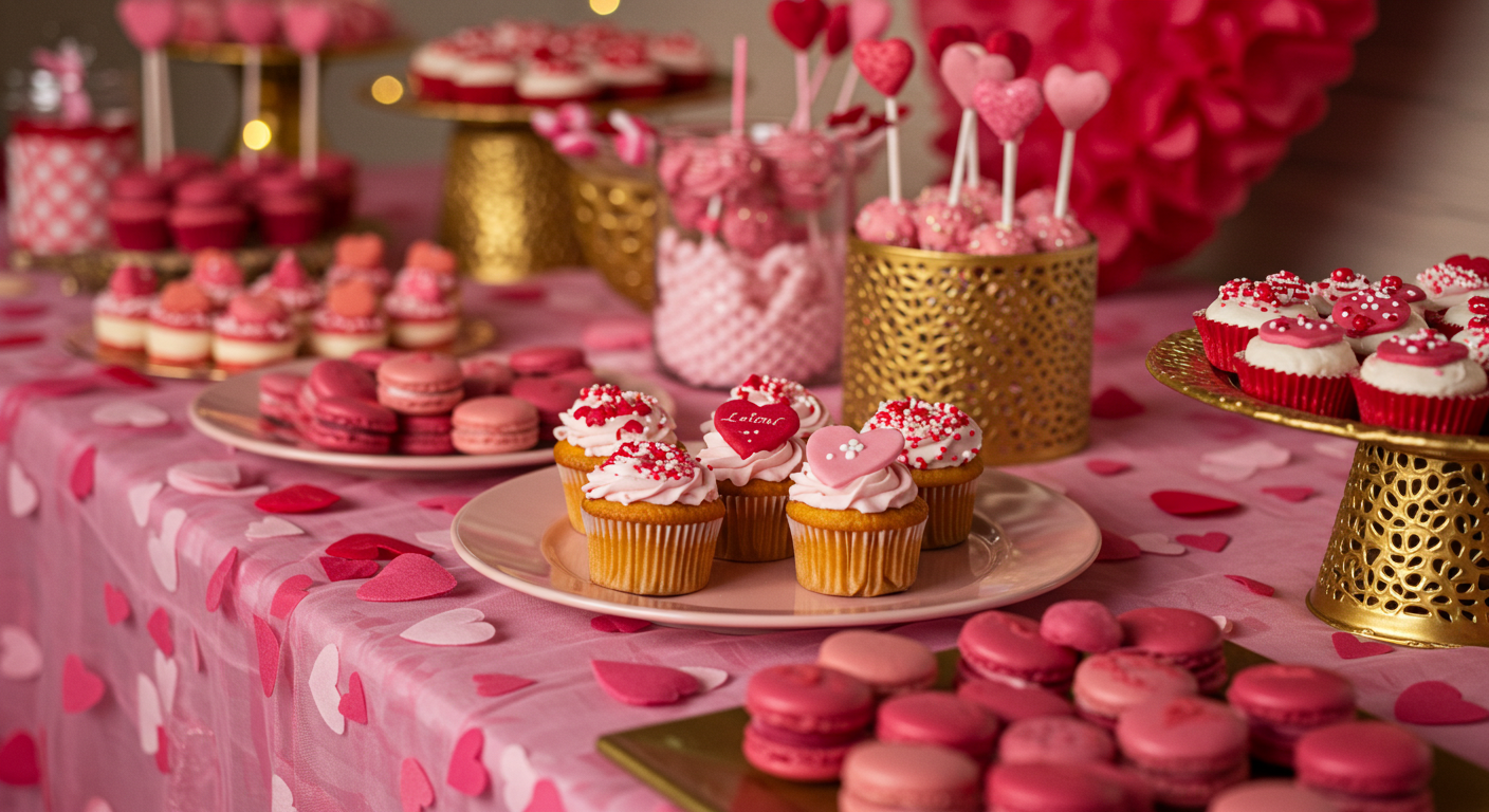 Pink and Gold Valentine Dessert Table with Heart-Themed Cupcakes