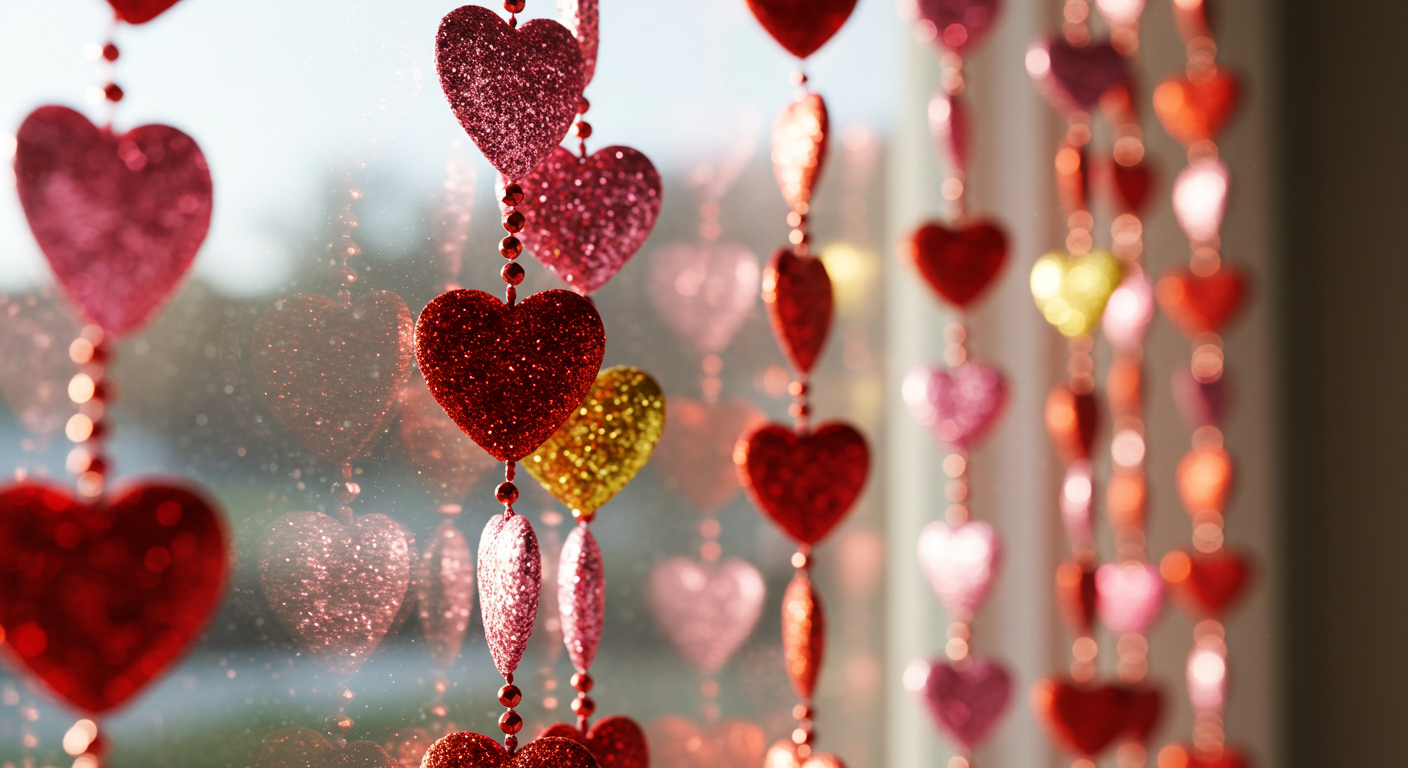 Glittery Valentine Heart Garlands Hanging from a Window