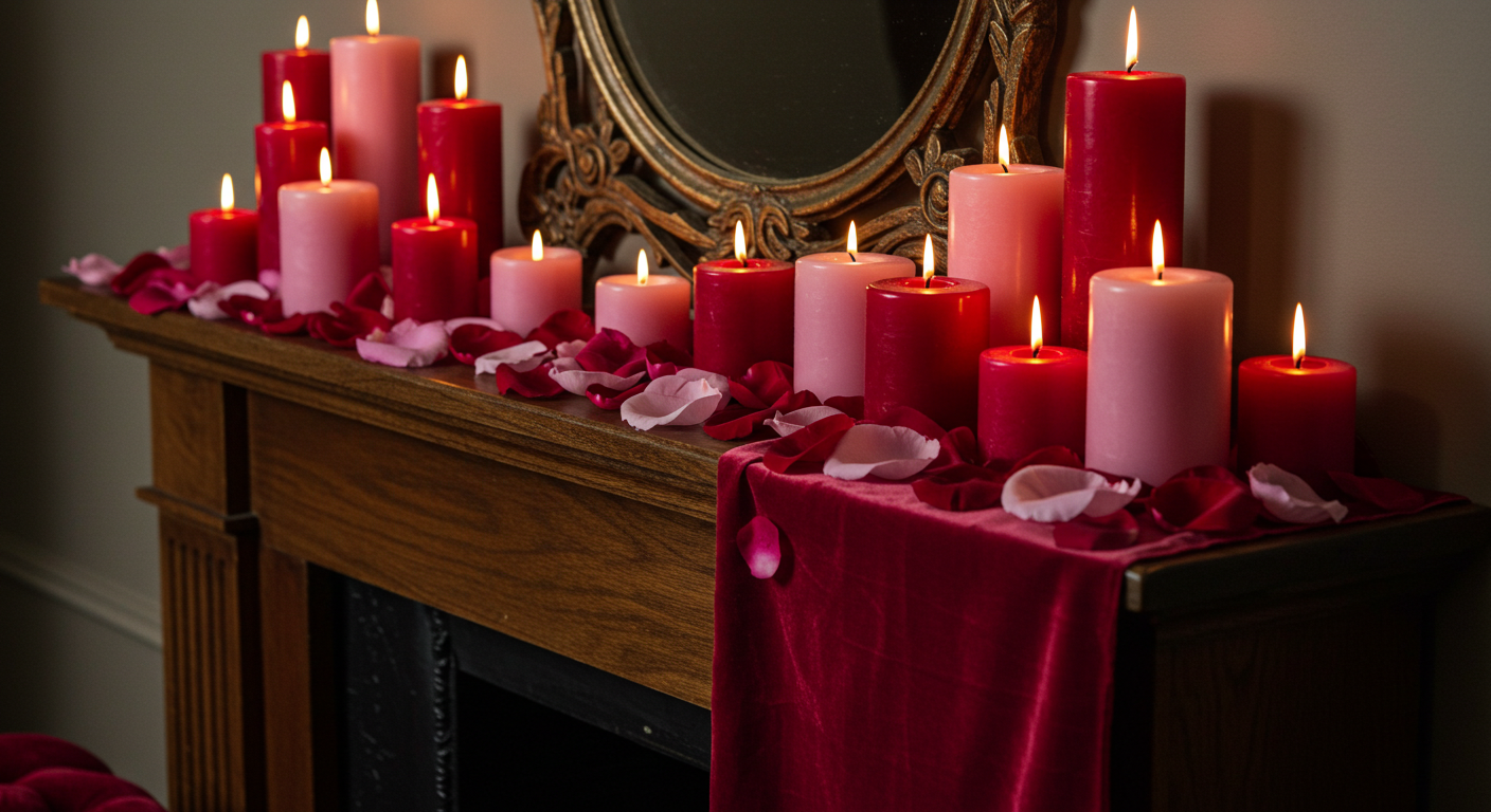 Elegant Valentine Mantel Decor with Pink and Red Candles and Rose Petals