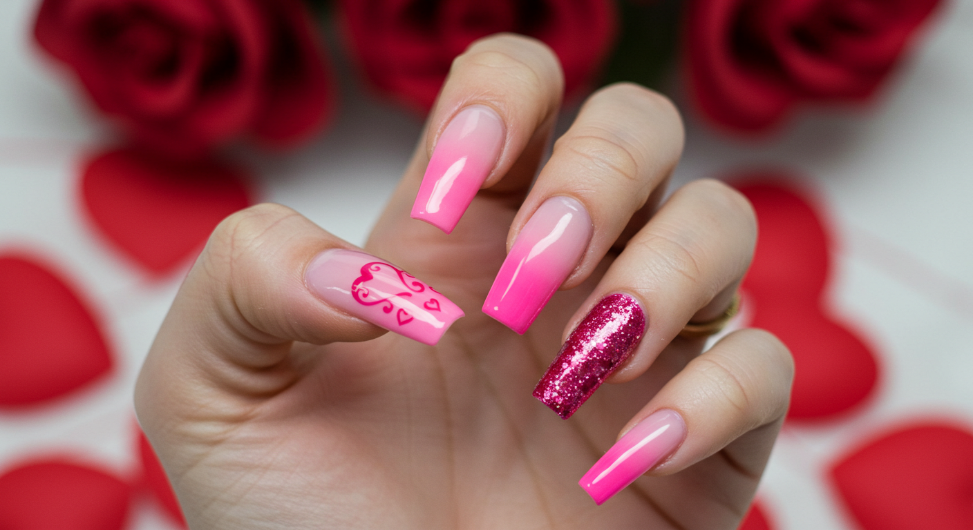 Passionate Pink Hues Valentine Nail