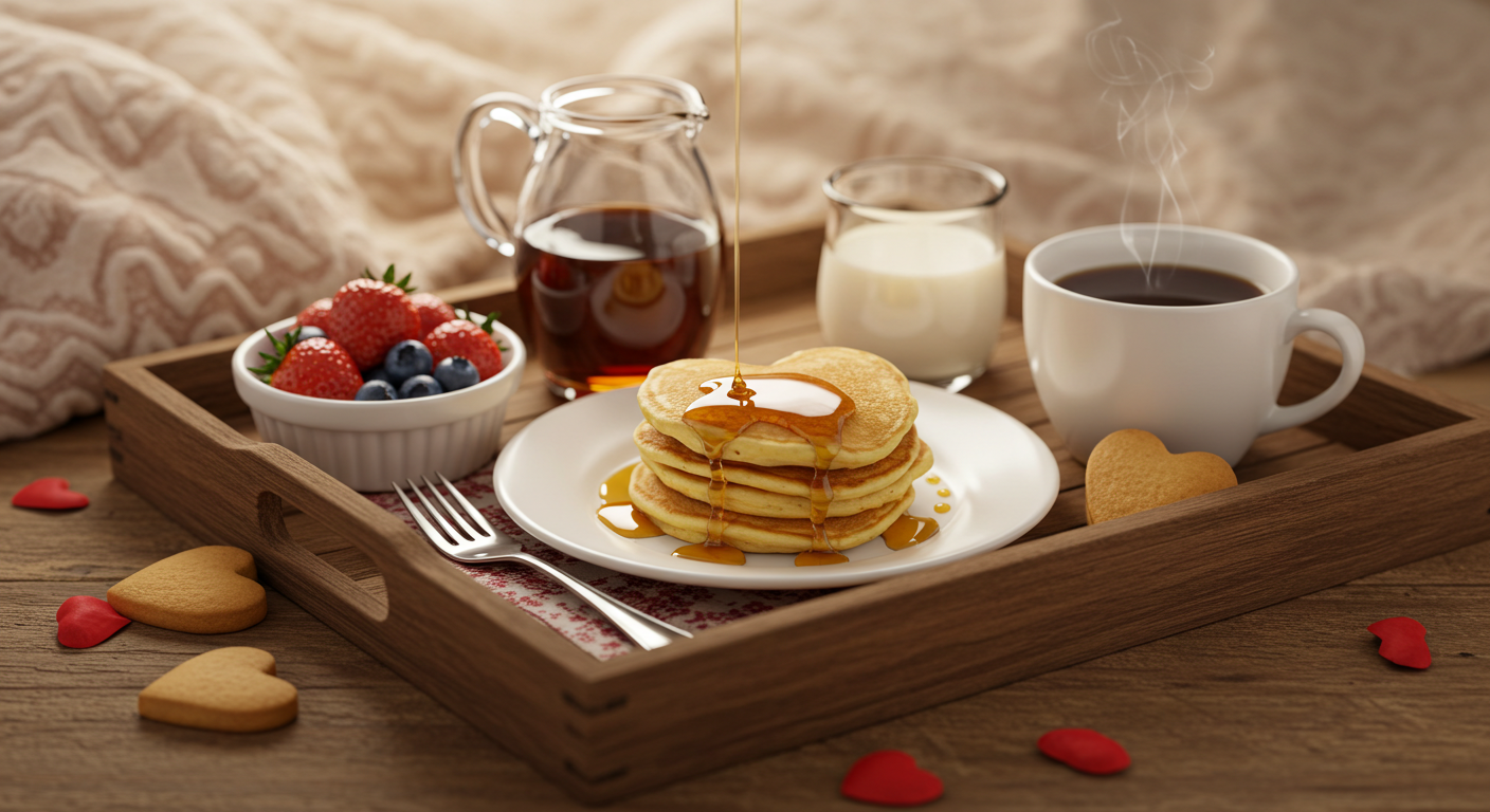 Valentine's Breakfast Tray with Heart-Shaped Pancakes