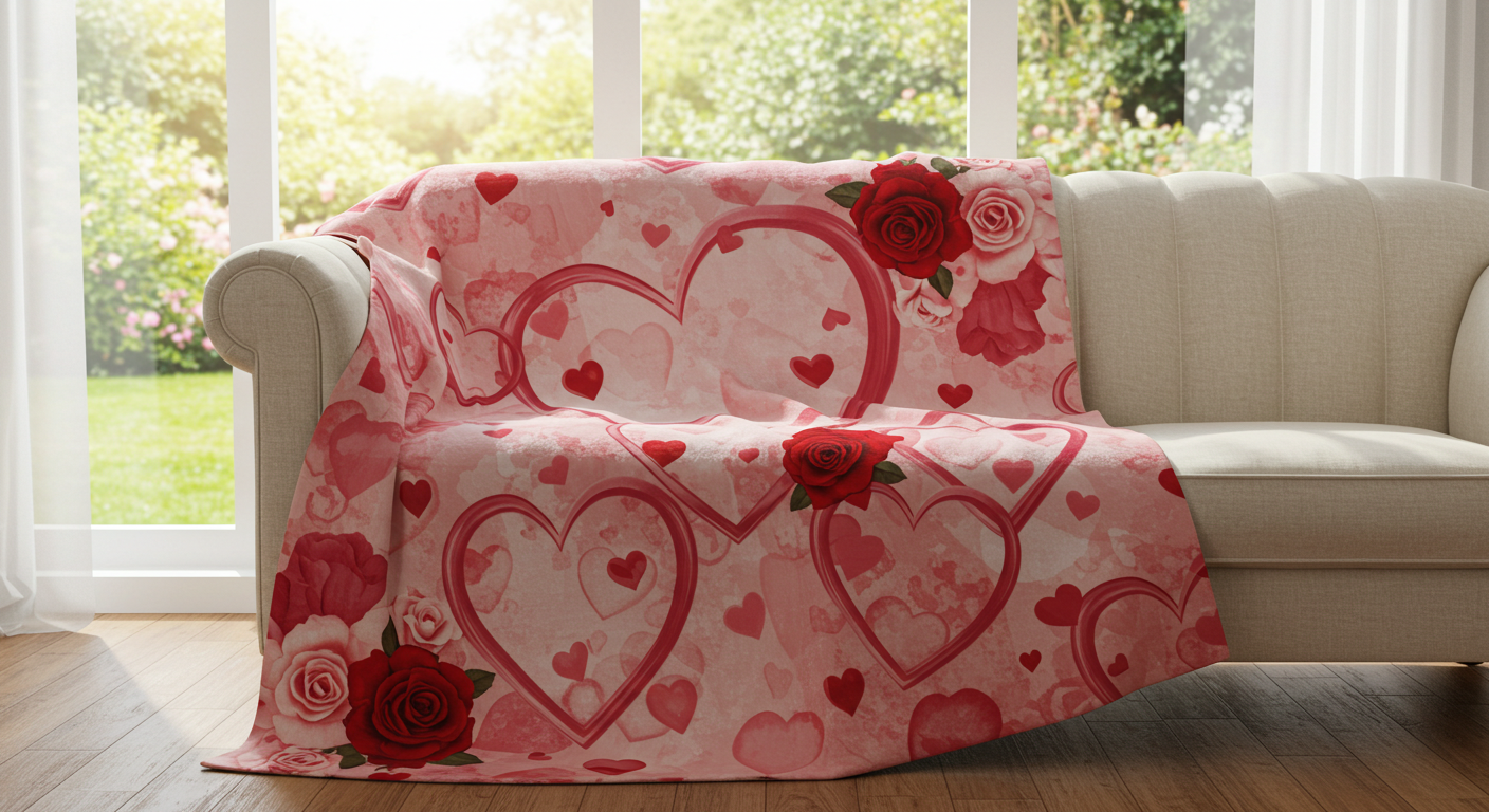 Valentine-Themed Throw Blanket Draped Over a Cozy Sofa
