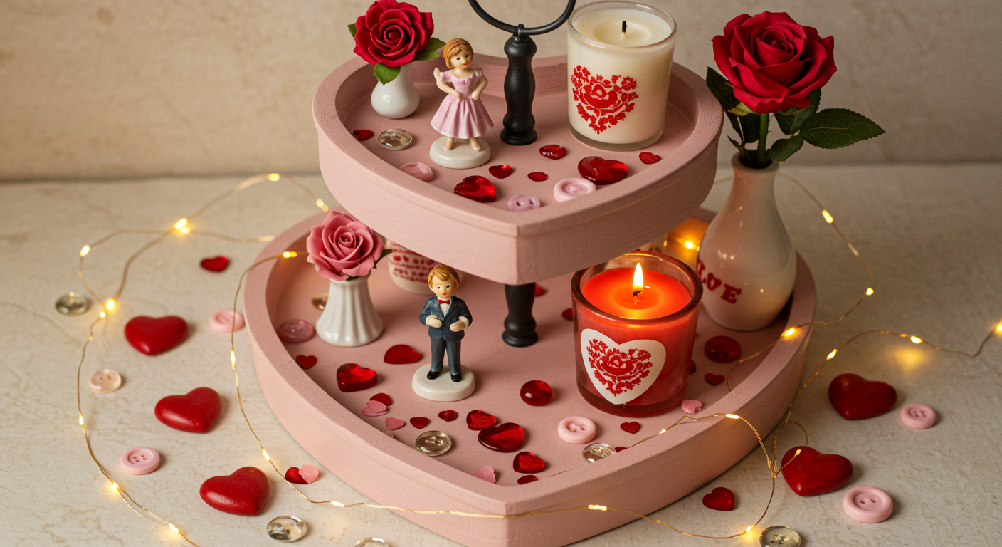 Love-Themed Valentine Tiered Tray with Small Decor Accents