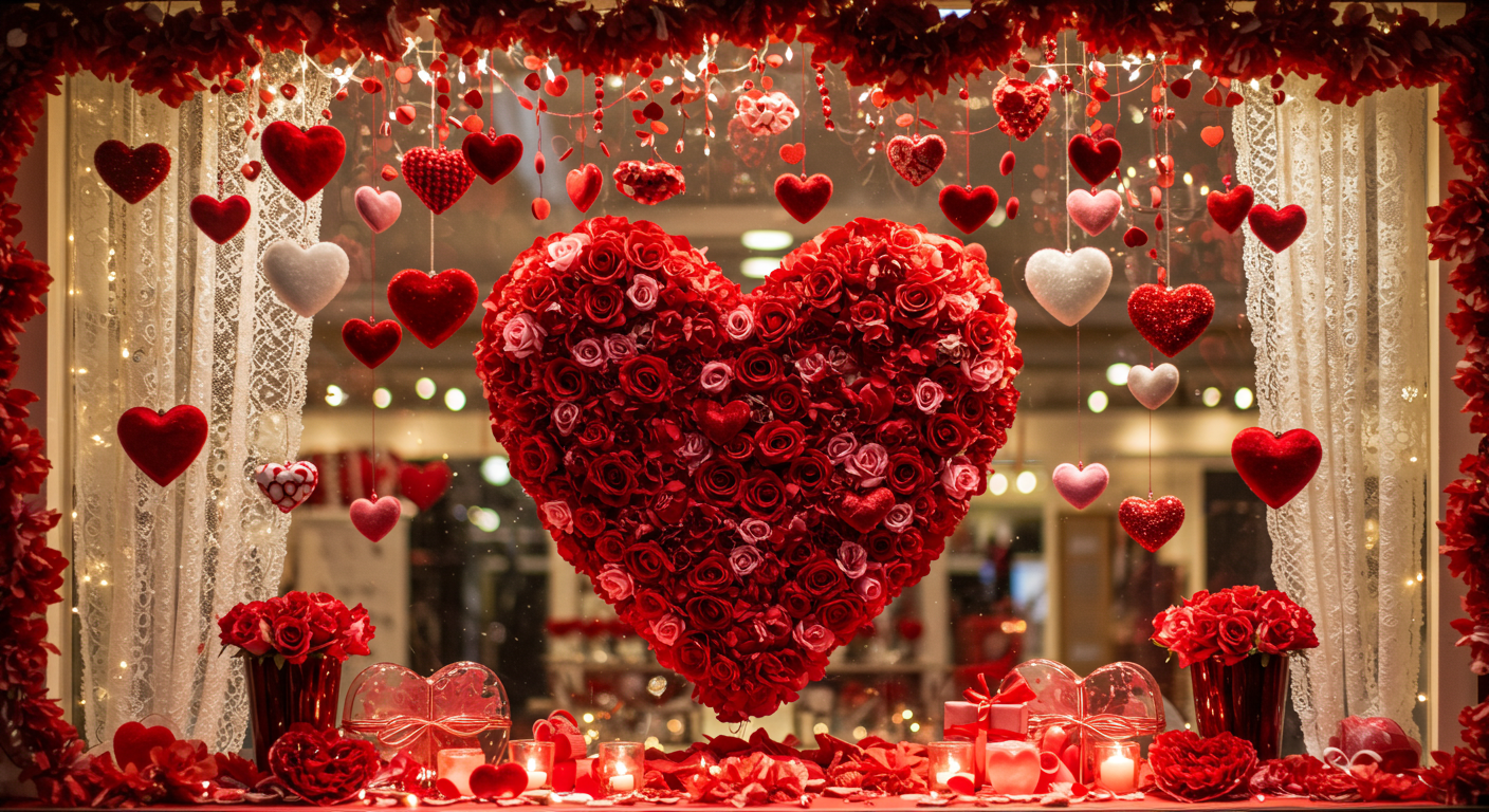 Valentine Window Display with Hanging Heart Ornaments