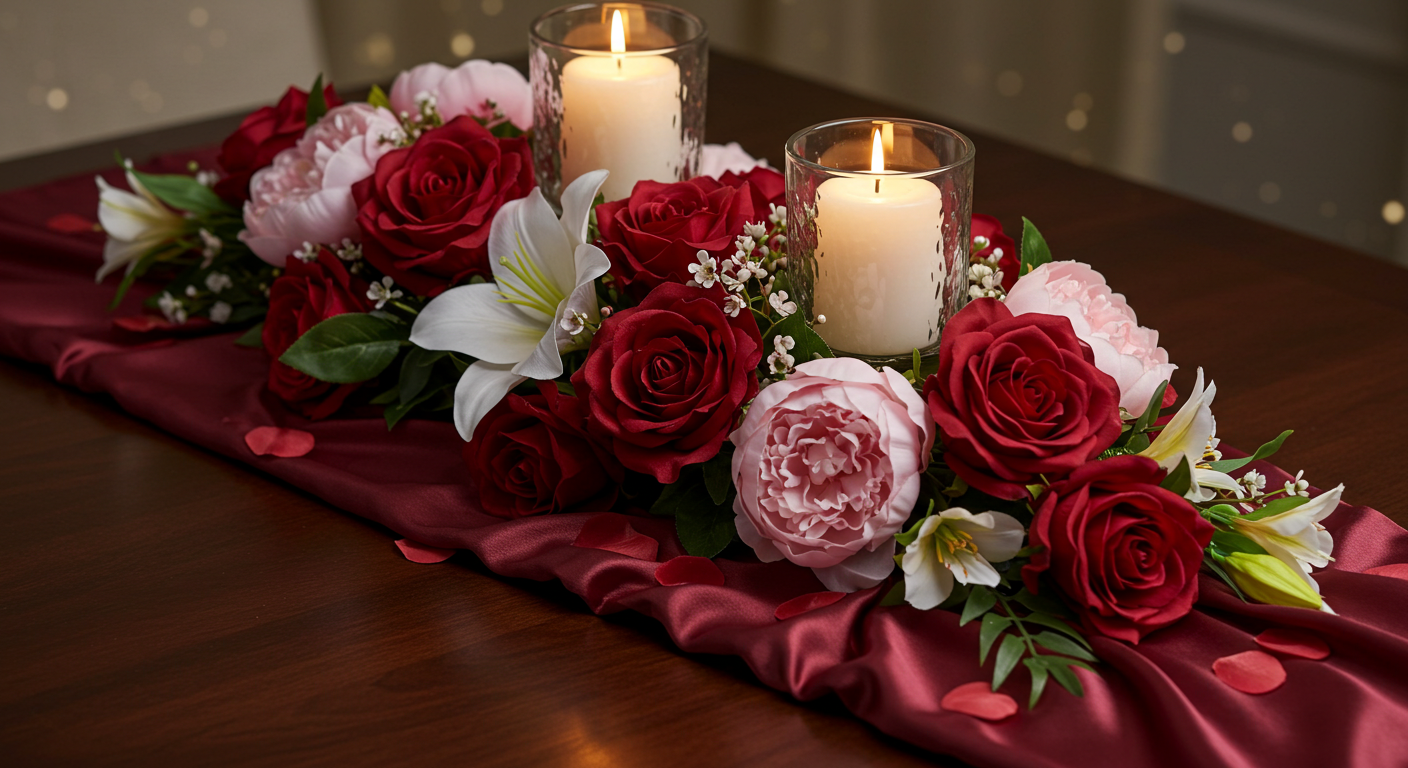 Love-themed Valentine Table Runner with Floral and Candle Accents