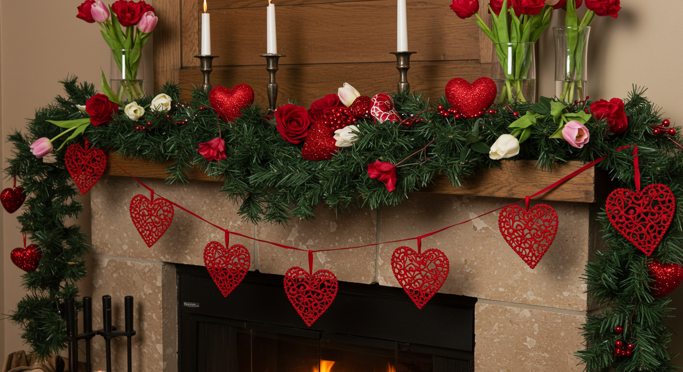Valentine's Day Fireplace Display with Heart Garland and Floral Arrangements