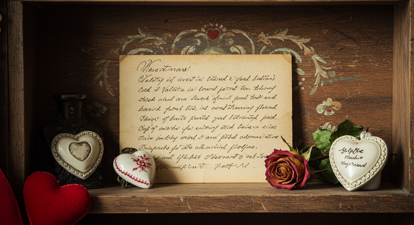 Vintage-Style Valentine Love Letter Display on a Wooden Shelf