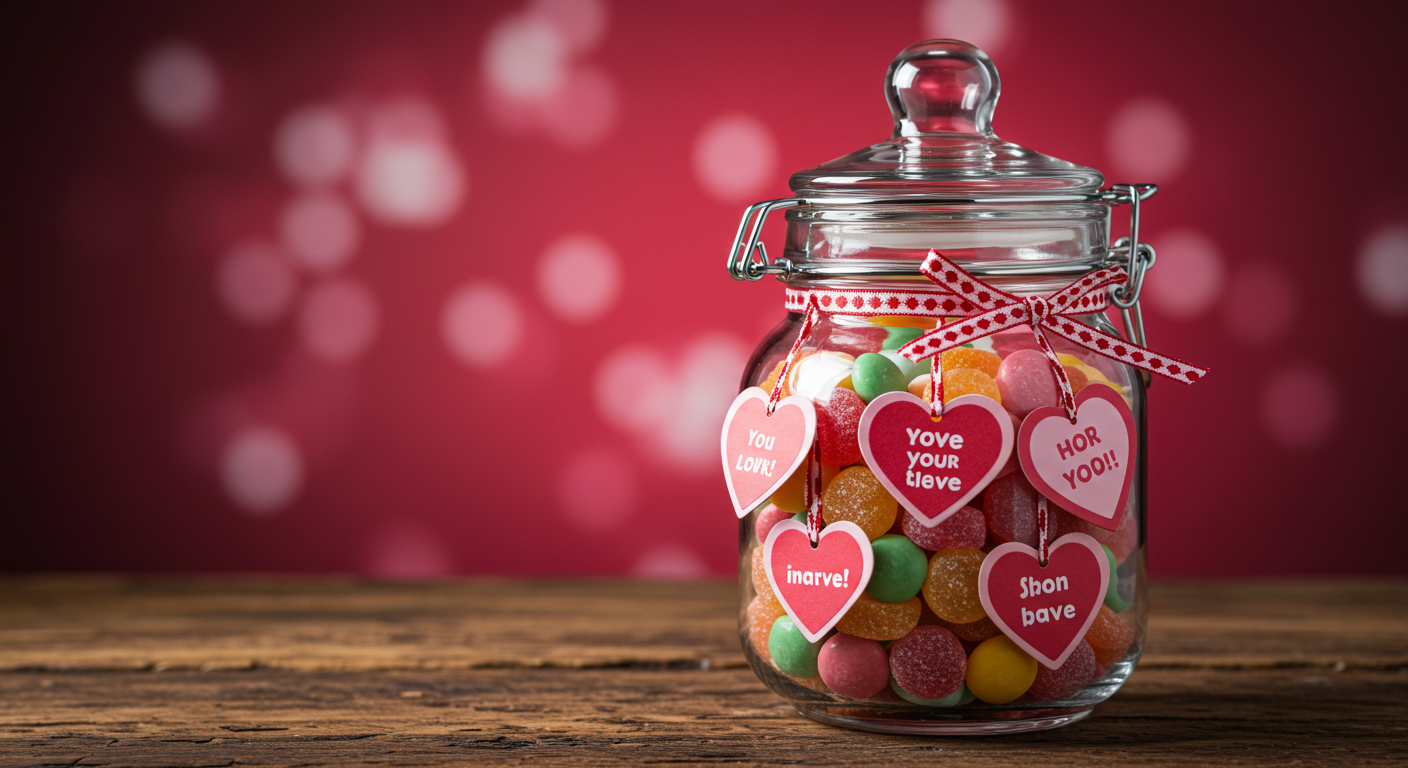 Valentine's Candy Jar Display with Heart Tags