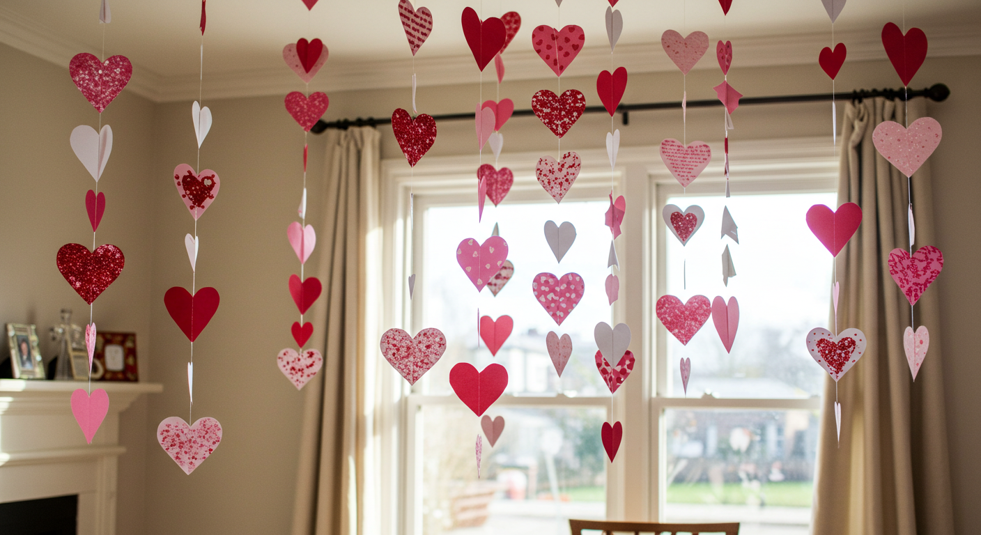 Valentine Paper Heart Mobiles Hanging from the Ceiling