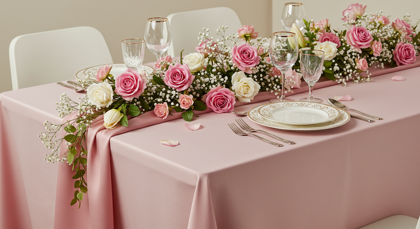 Elegant Valentine Dinner Table with Pink Satin Tablecloth and Floral Runners