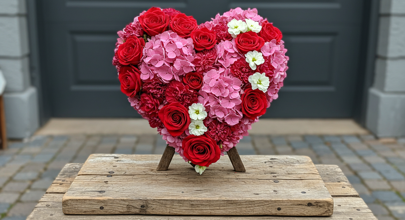 Valentine Heart-Shaped Floral Arrangement on a Rustic Wooden Stand