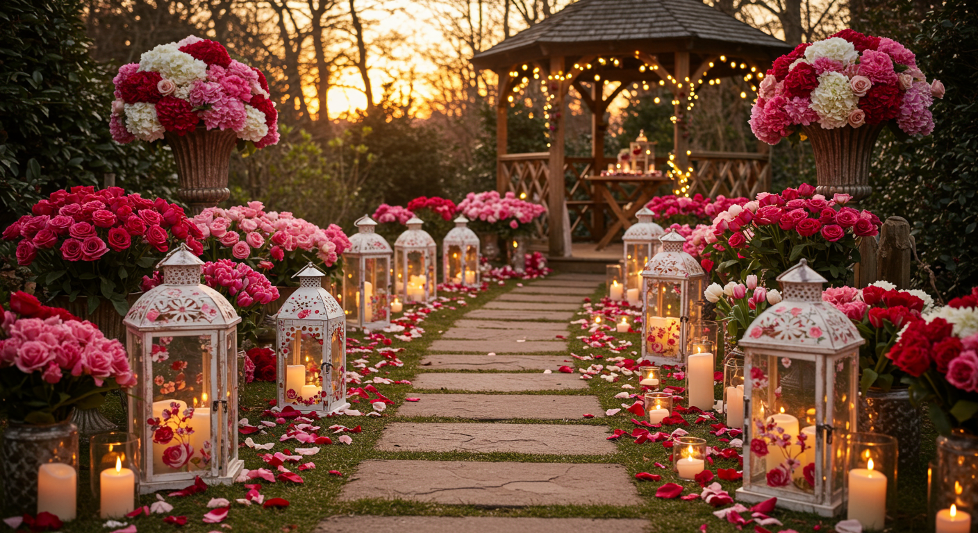 Romantic Valentine Garden Setting with Lanterns and Floral Decor