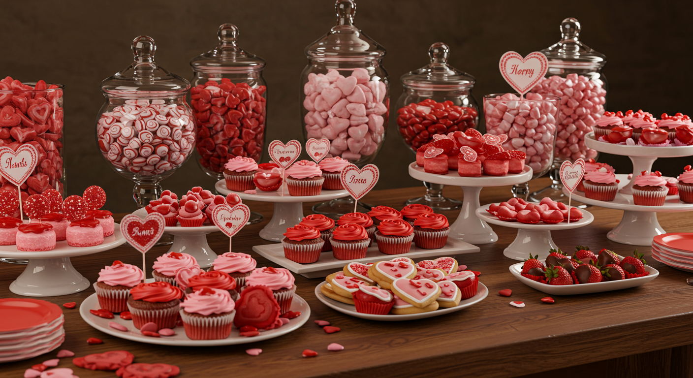 Valentine Dessert Bar with Candy Jars and Heart Signs