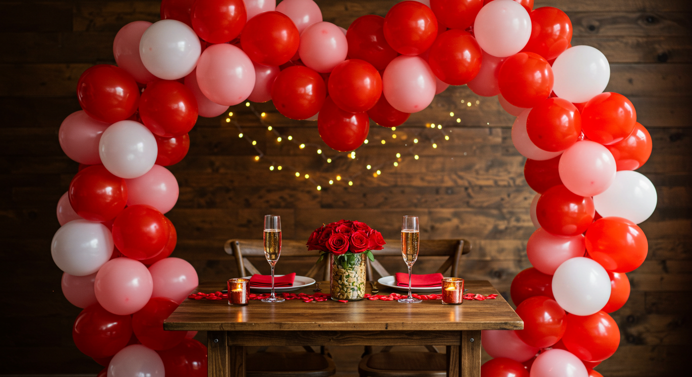 Valentine Heart-Shaped Balloon Arch Over a Rustic Wooden Table