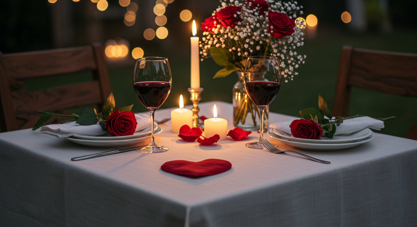 Romantic Valentine Candlelit Dinner Table with Heart-Shaped Napkins and Red Roses