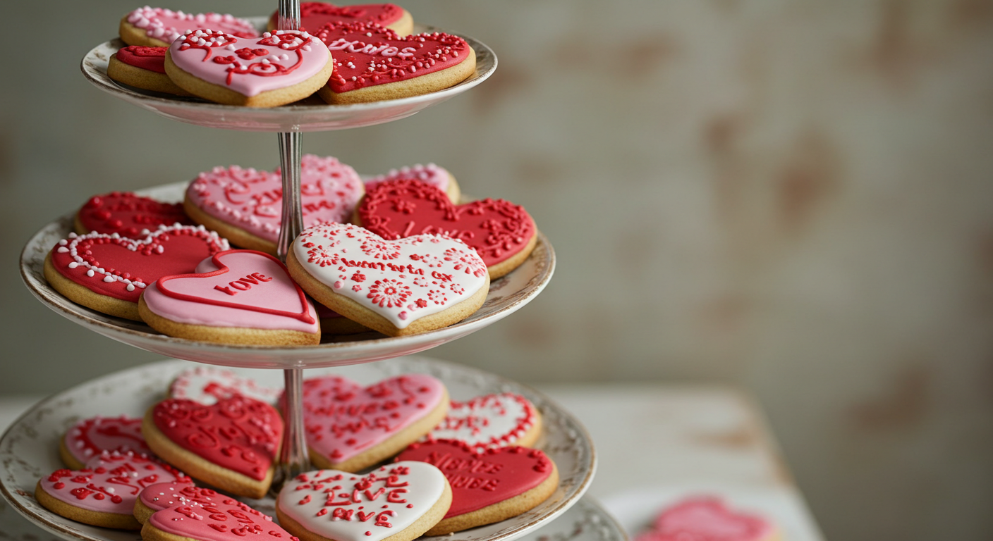 Valentine Heart-Themed Cookies on a Vintage Cake Stand