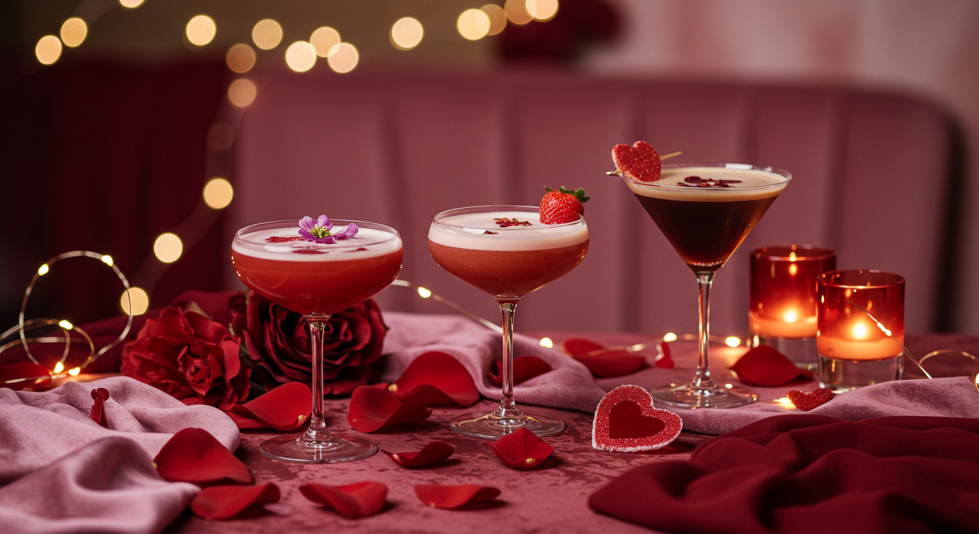 Valentine Drink Station with Cocktails and Themed Decorations