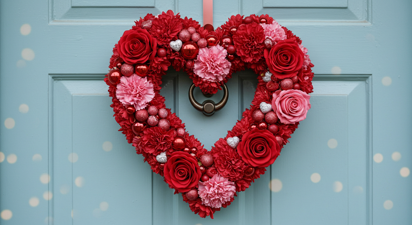 Valentine Heart Wreath Hanging on a Pastel-Colored Door