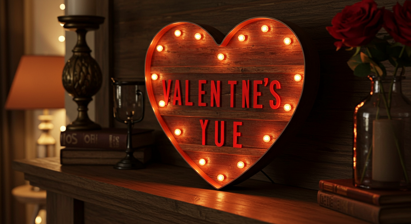 Light-Up Valentine Heart Marquee Sign on a Mantel