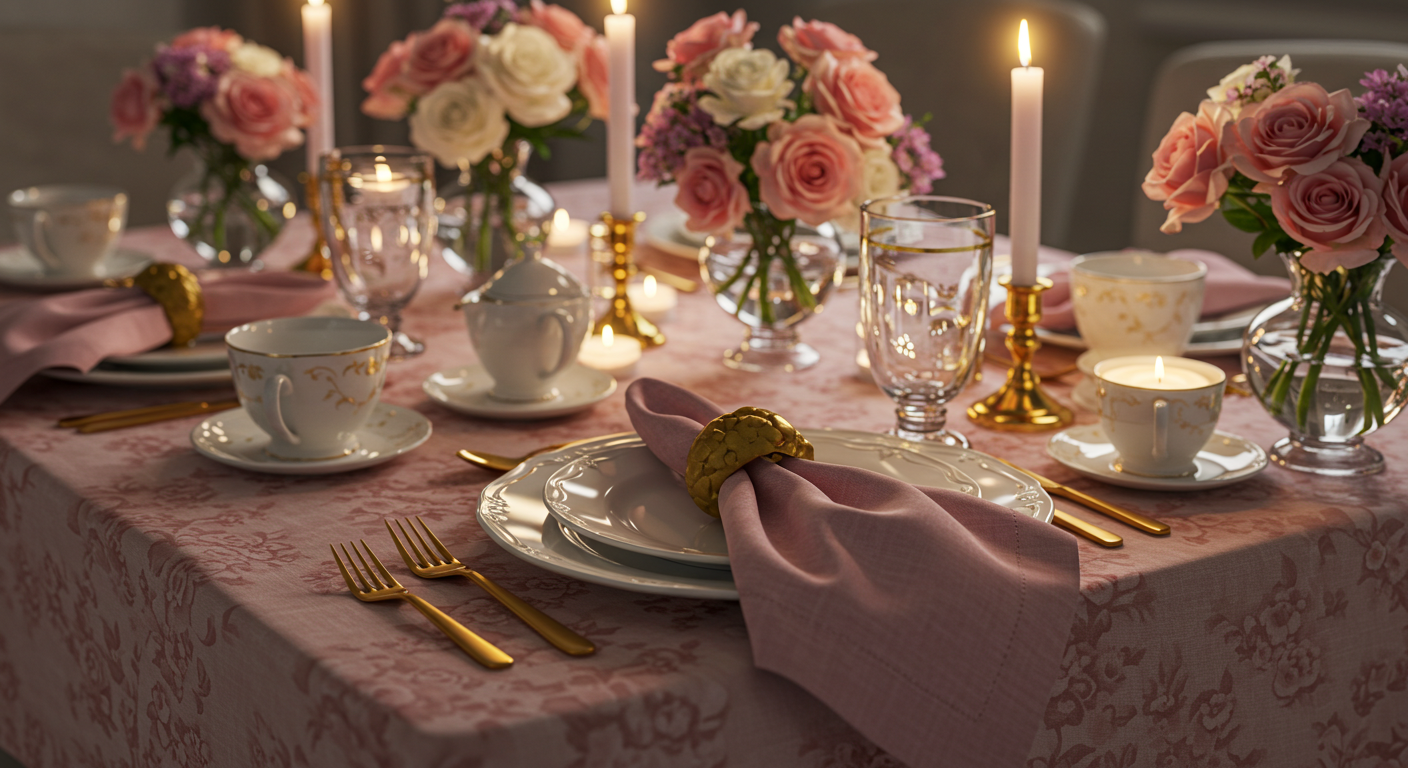 Chic Pink and White Valentine Table Setup with Gold Cutlery