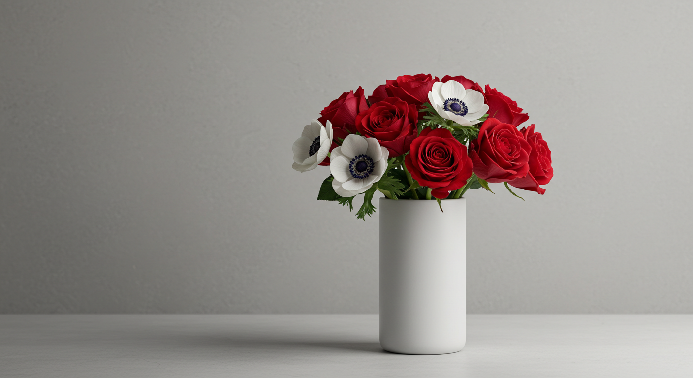 Minimalist White and Red Valentine Floral Bouquet in a Sleek Vase