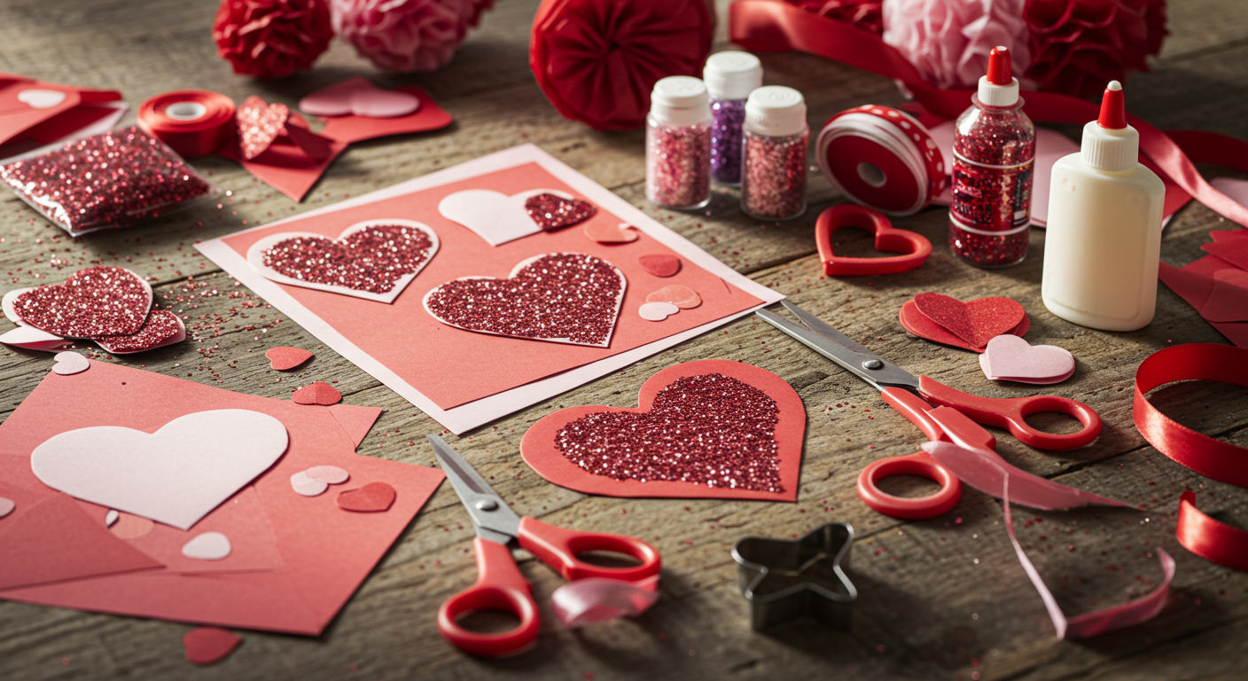 Valentine Craft Station with Paper Hearts and Glitter