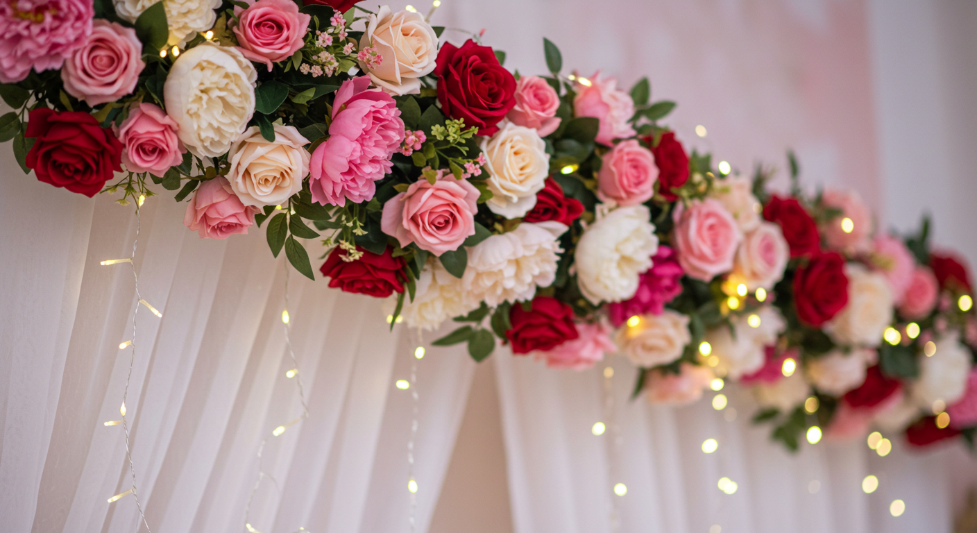 Soft, Romantic Valentine Canopy Decorated with Fairy Lights and Flowers