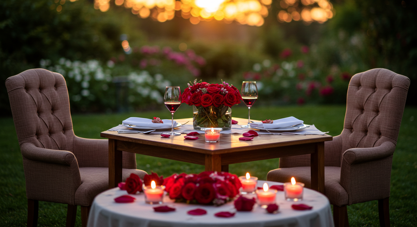 Heart-Themed Valentine Dining Setup in an Outdoor Garden