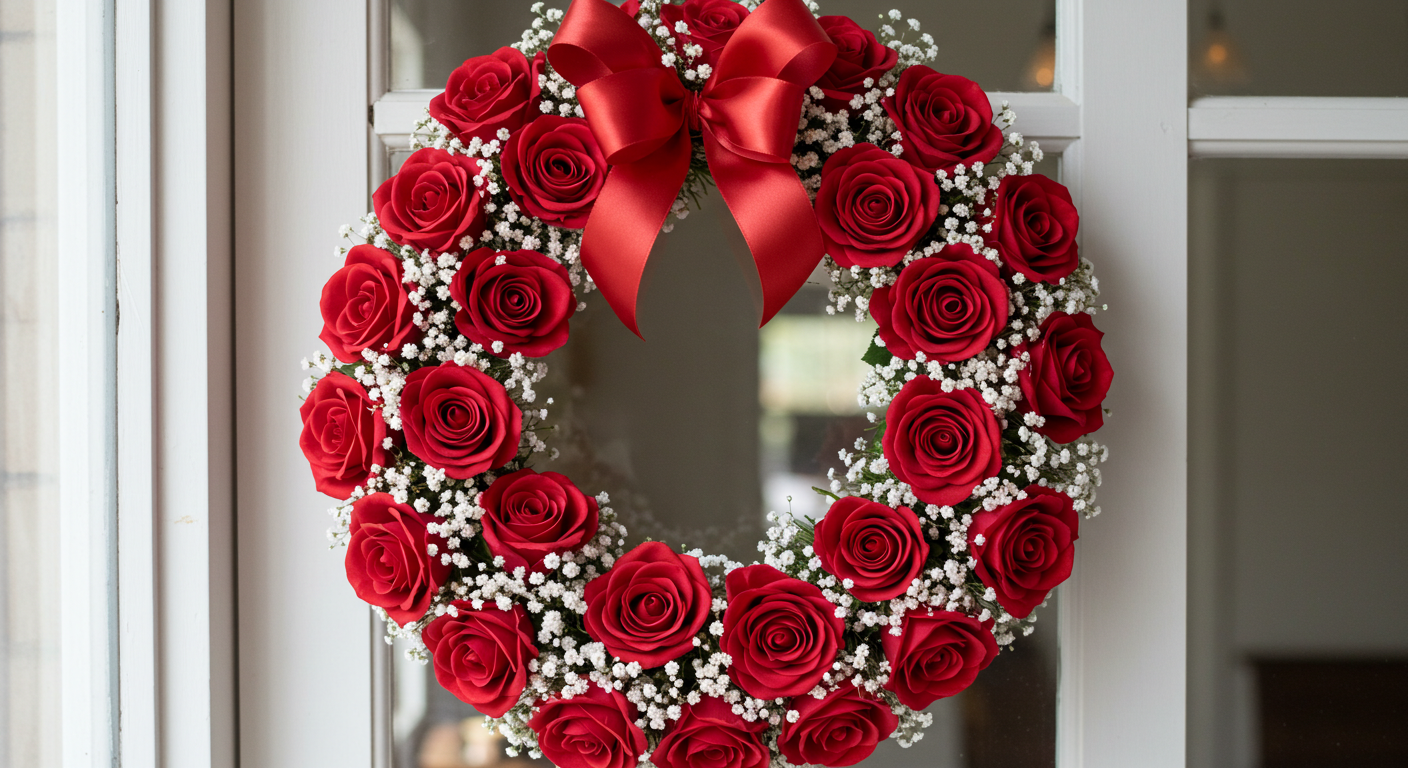Valentine's Wreath Made of Red Roses and Baby's Breath