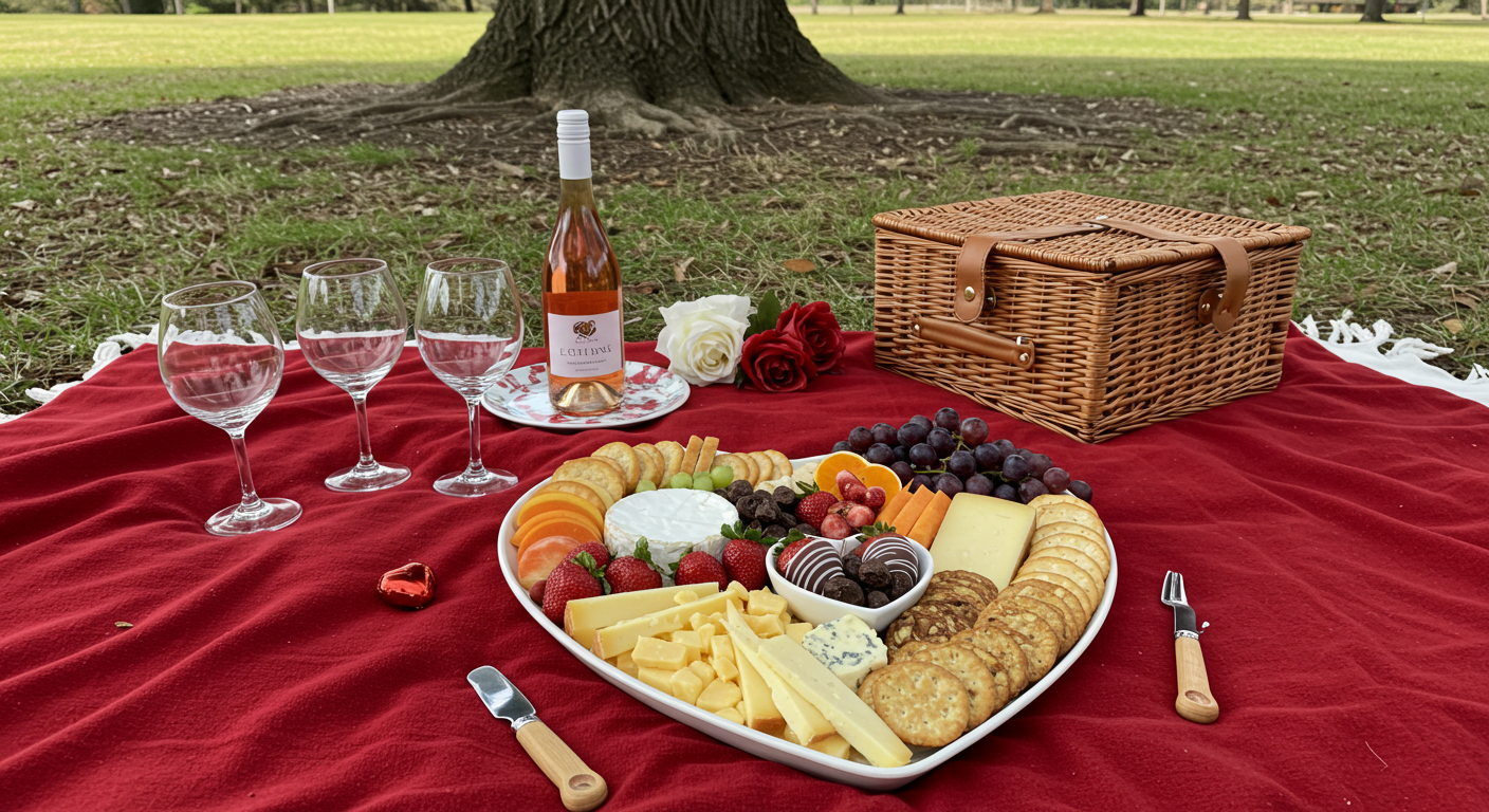 Outdoor Valentine Picnic Setting with Heart-Shaped Food Platters