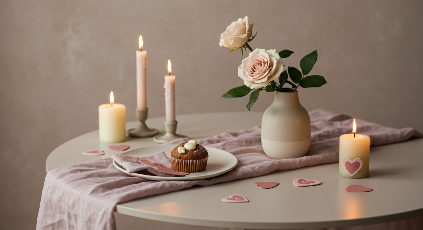 Minimalist Valentine Setup with Neutral Tones and Subtle Hearts