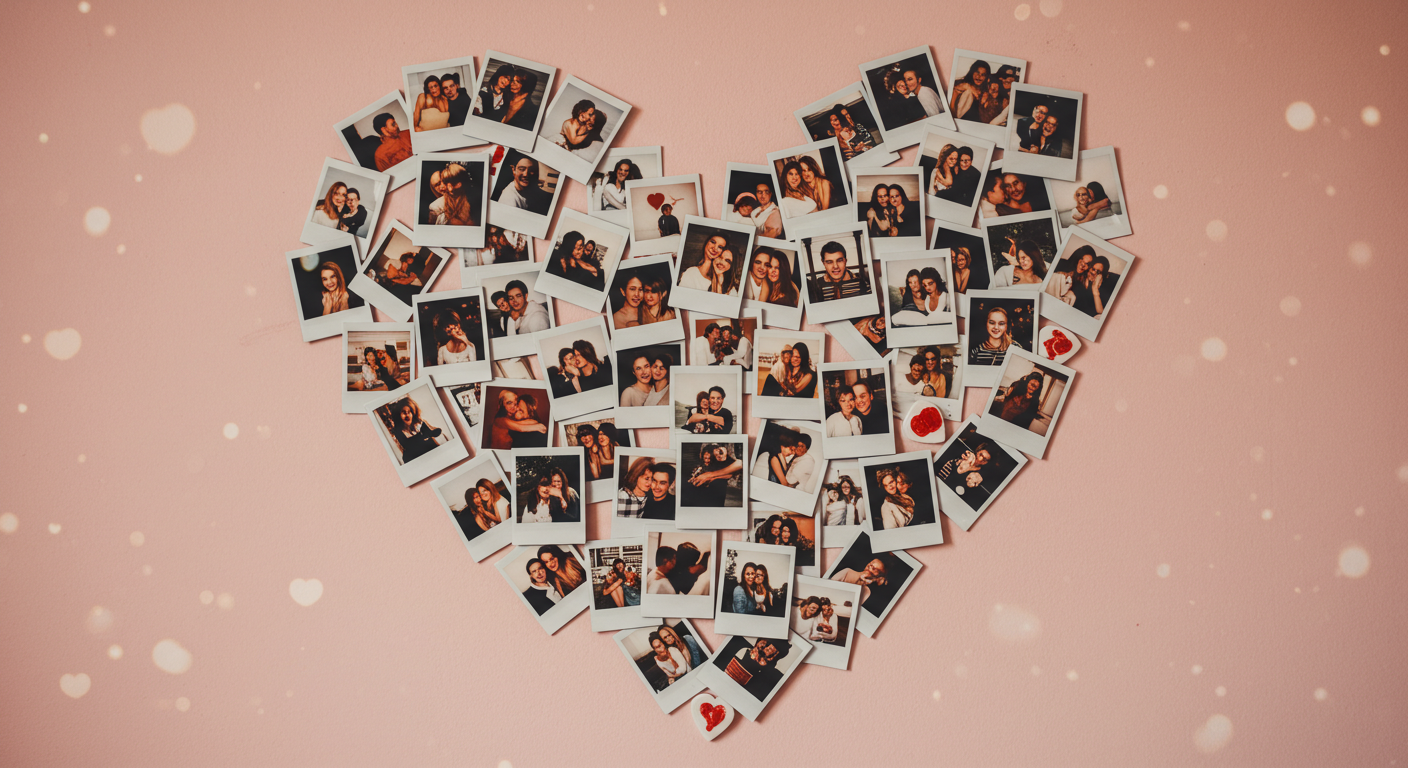 Valentine Heart-Shaped Photo Wall Collage with Polaroid Photos