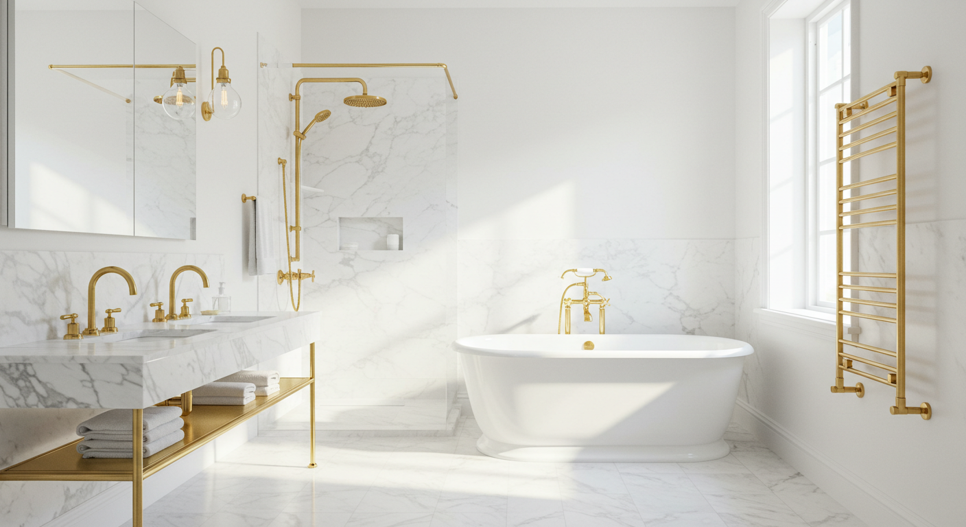 All-White Bathroom with Gold Fixtures
