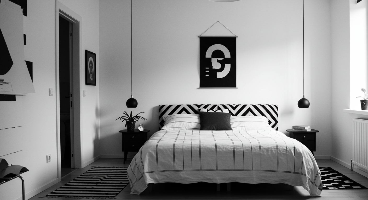 Black and White Aesthetic Bedroom with Geometric Elements