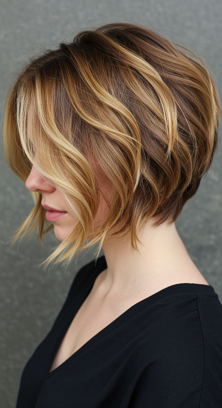Choppy Bob Hairstyle with Balayage Highlights for Fine Hair – Added Depth