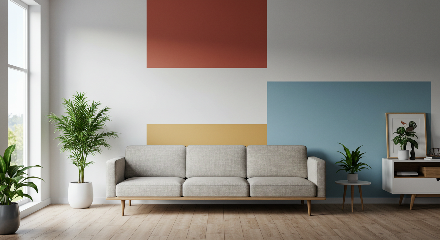 Color-Blocked Accent Wall Behind a Sleek Sofa