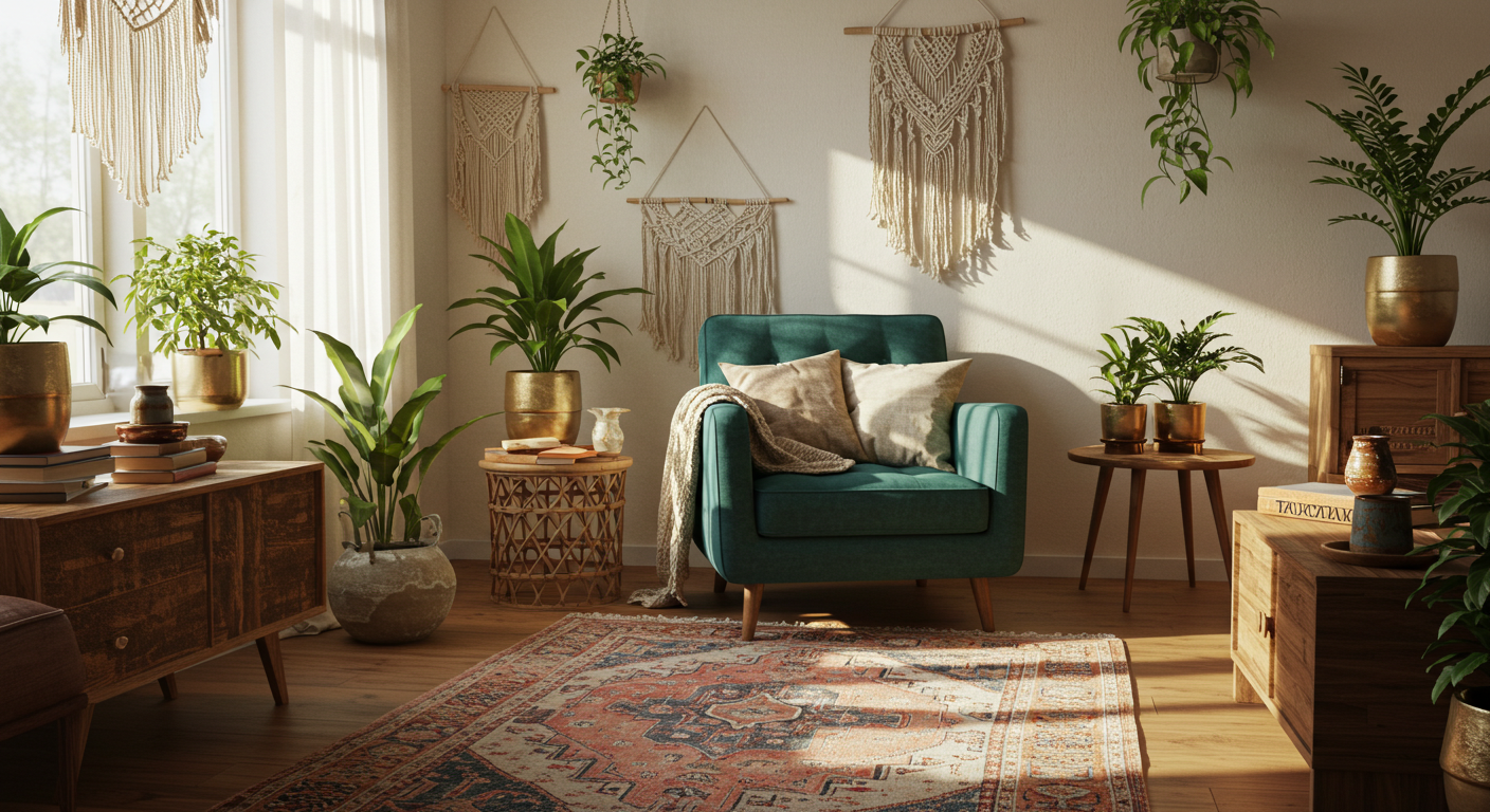Cozy Boho-Style Living Room with Macramé Hangings