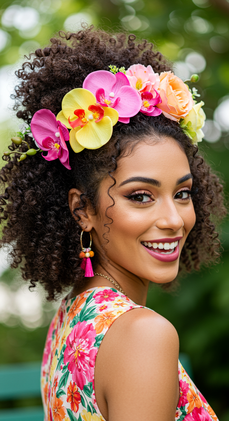 Curly Hair Floral Bun Girl
