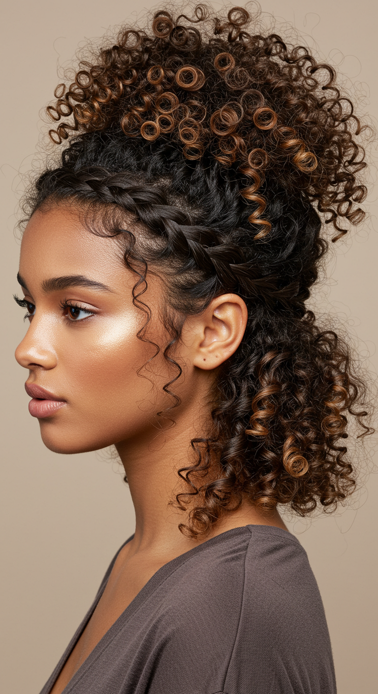 Curly Hair Low Braided Bun Girl