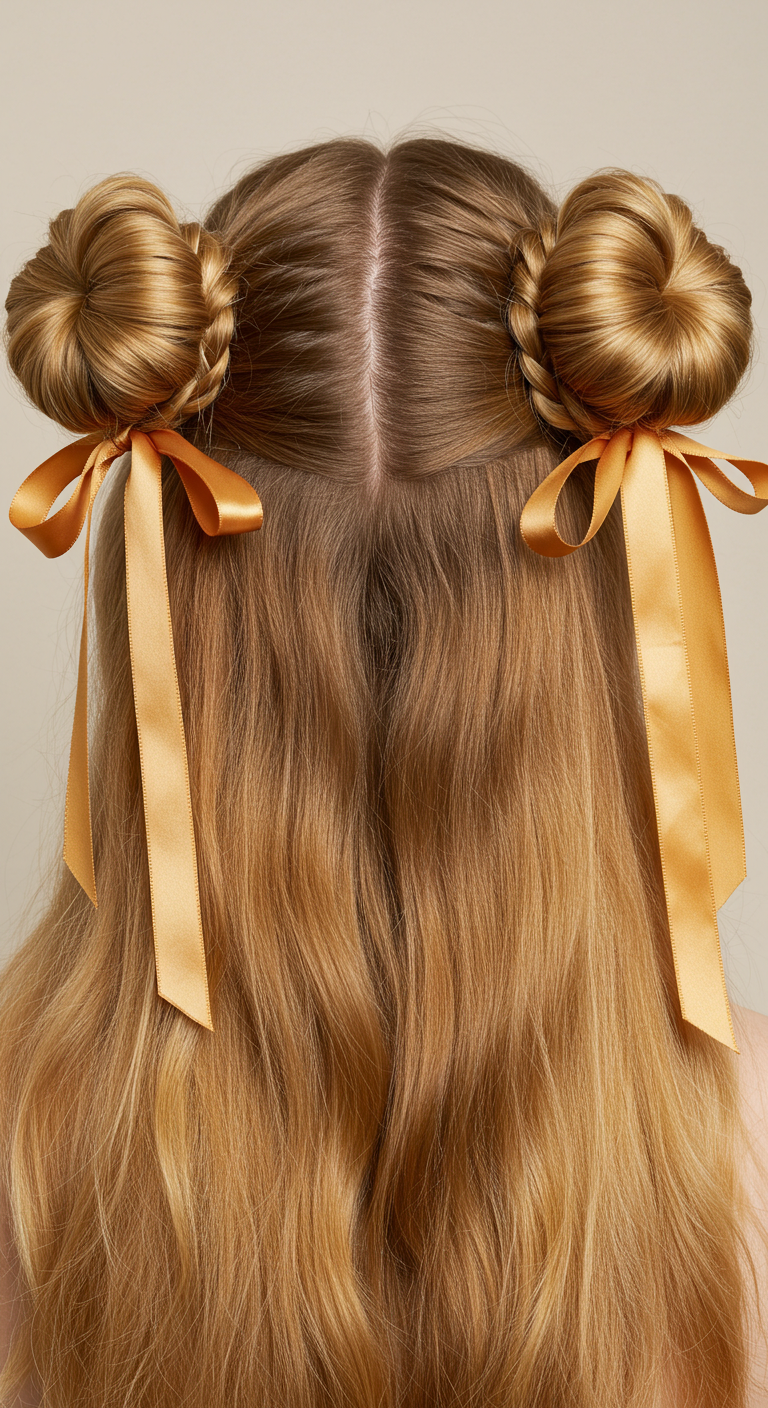 Double Mini Buns with Ribbons for Fine Hair