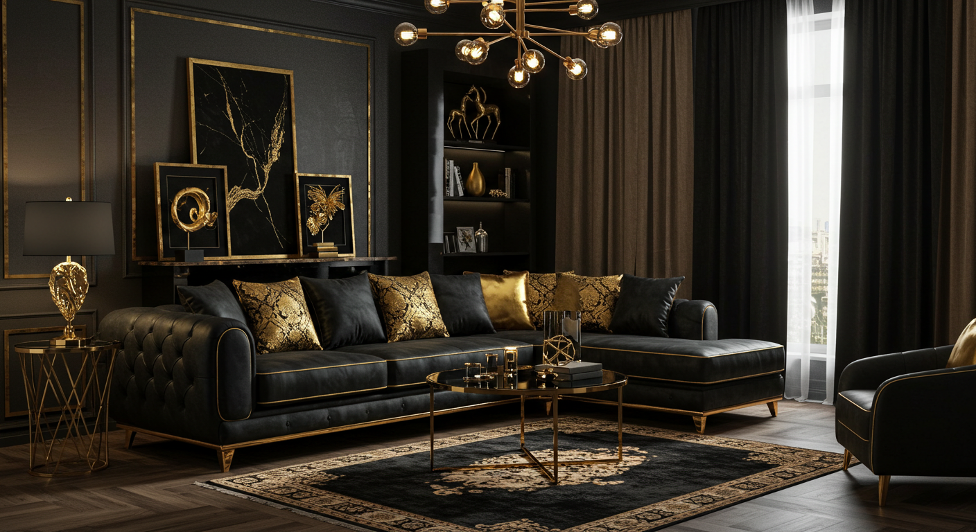 Elegant Black and Gold-Themed Living Room