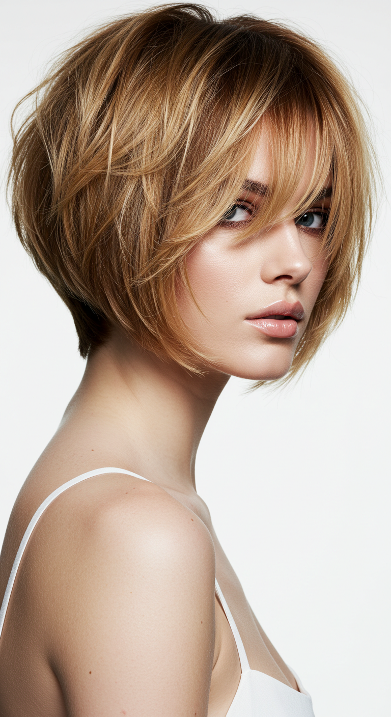 Feathered Choppy Bob Hairstyle with Curtain Bangs for Fine Hair