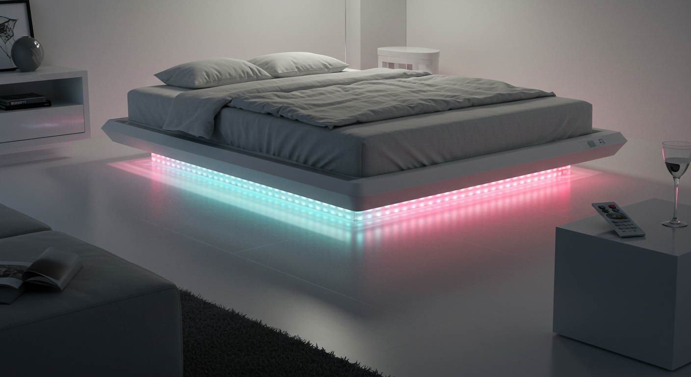 Floating Bed Design with LED Lights Underneath