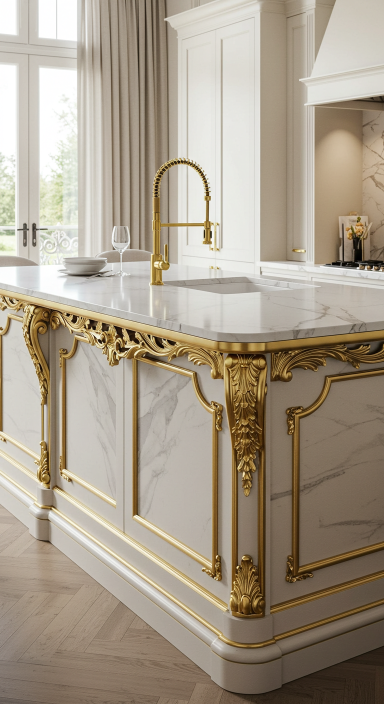 Gold-Trimmed Kitchen Island